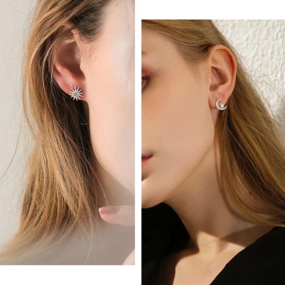 New Assimetric Silver Moon&Stars Diamond Earrings - Picture 3 of 4
